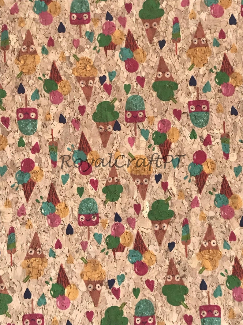May include: A corkboard background with a repeating pattern of ice cream cones, popsicles, and cherries. The ice cream cones and popsicles have cartoon faces with googly eyes. The colors are bright and cheerful, including green, blue, yellow, red, and pink.