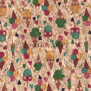 May include: A cork board with a repeating pattern of ice cream cones, popsicles, and hearts in shades of pink, green, blue, yellow, and brown.