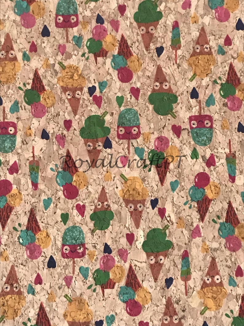 May include: A cork board with a repeating pattern of ice cream cones, popsicles, and hearts in shades of pink, green, blue, yellow, and brown.