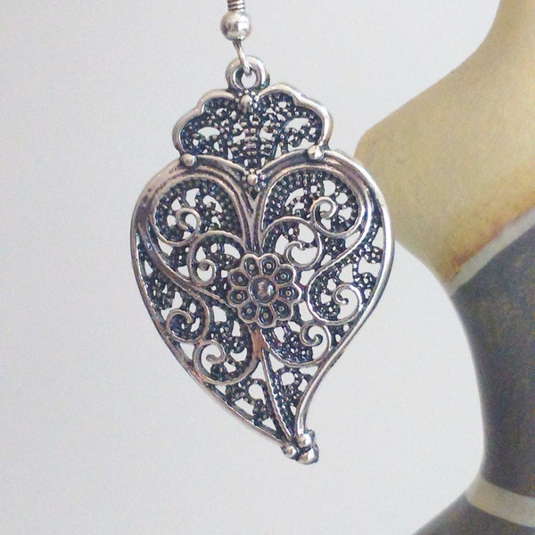 1 Pair of Portuguese filigree earrings silver 4 cm charm heart flower findings, Viana Heart earrings