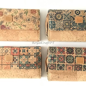 Cartera de corcho, bolso de corcho, cartera vegana, cartera ecológica para mujer con lugar para tarjetas y monedas, patrón de arte de azulejos, cartera de corcho portuguesa