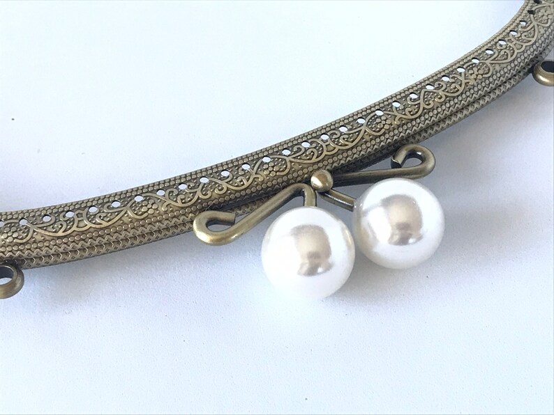 1 bronze metal purse frame with sewing holes 21 cm, supplies, coin purse frame, white pearl decoration, pearl purse clasps, premium purse image 8