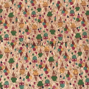 May include: A cork fabric with a repeating pattern of ice cream cones, popsicles, and hearts. The ice cream cones and popsicles have faces and are in various colors, including green, pink, blue, and yellow. The background is a light brown cork.