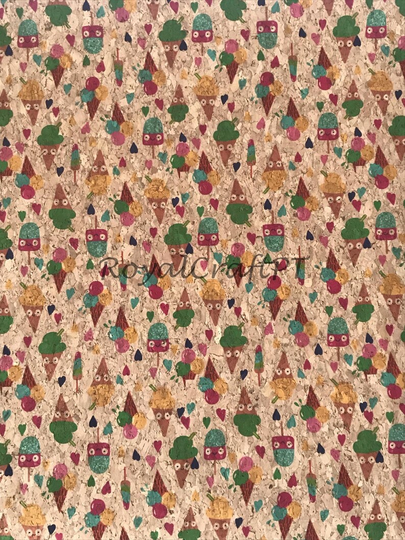 May include: A cork fabric with a repeating pattern of ice cream cones, popsicles, and hearts. The ice cream cones and popsicles have faces and are in various colors, including green, pink, blue, and yellow. The background is a light brown cork.