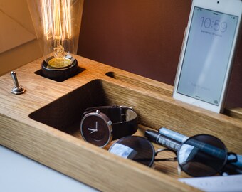 wooden lamp DOCK#498 desk organizer. charging station bedside lamp