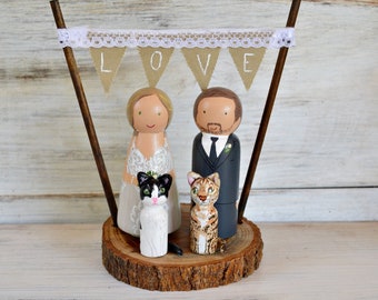 Rustic Wedding Cake Topper Dog on Stand, Wood Slice Cake Topper Pet, Personalized Cake Topper Figurines Pet, Peg Doll Dog or Cat.
