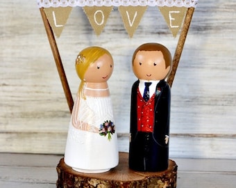 Bride & Groom Customizable Cake Topper, Personalized Wedding Cake Topper Peg, Country Barn Cake Topper Bunting Wood Slice, Anniversary Gift.