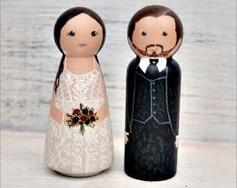 Wedding Cake Topper Peg Doll, Personalized Bride and Groom Cake Topper, Hand Painted Cake Toppers, Rustic Cake Topper, Boho Wedding.