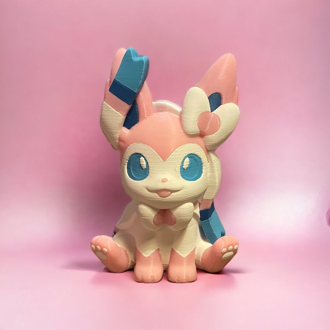 3D Printed Sylveon Pokémon Figurine Cute Pink Sitting Ribbons Fairy ...