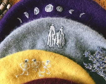 halloween ,spooky hand embroidered beret