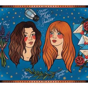 May include: Illustration featuring two women with red blush, surrounded by stars on a blue background. A salt shaker, lavender, and envelopes with hearts and roses are also depicted. Text includes "over your left shoulder", "for luck", "by you", "Garden gate", and "fall in tease", "wherever", and "you can".