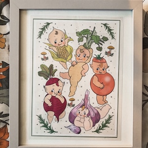 Impressão de horta Kewpie A4 Decoração de cozinha caprichosa | Ilustração de comida com inspiração vintage