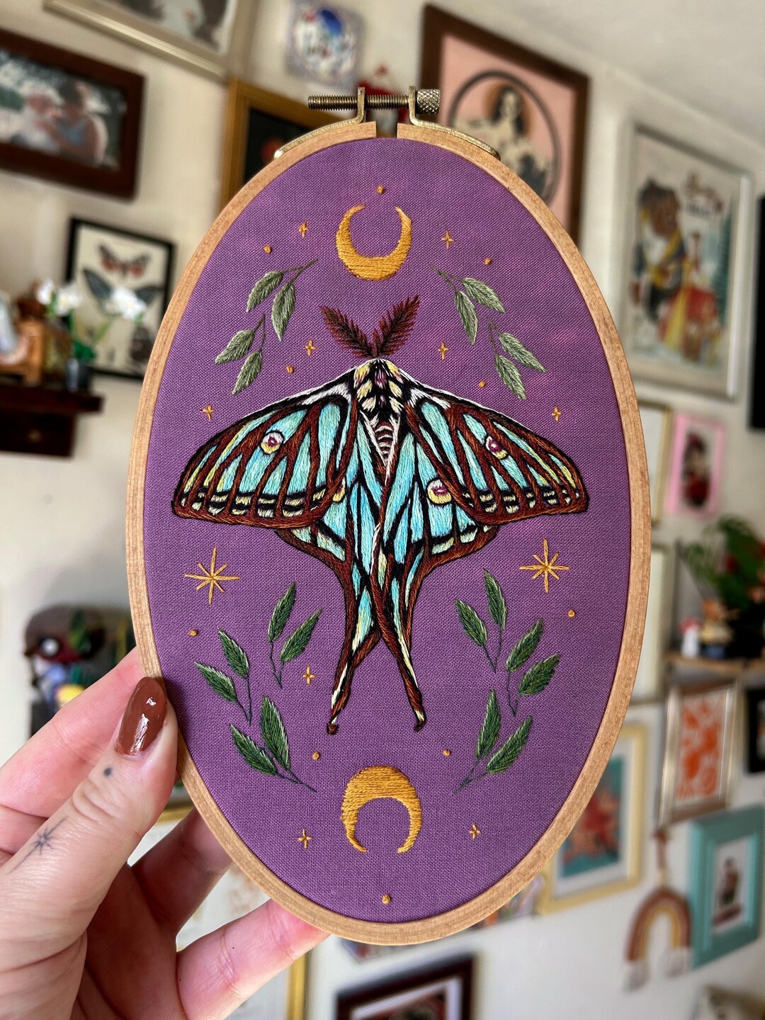 Hand-embroidered Spanish Moon Moth | Nature-inspired Wall Art | 7 Inch ...