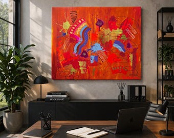 Dipinto astratto acrilico nei toni del rosso e dell'arancione – Arte moderna da parete – Tela dipinta a mano – Arte espressiva – Pezzo unico