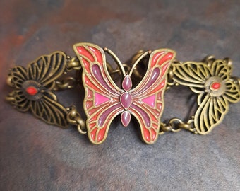 Lovely Vintage Revival Brass Pink & Red Enamel Butterfly T Bar Bracelet