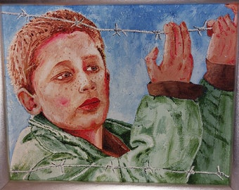 Rare Subject Vintage Oil Painting Young Freckled Boy Grasping Barbed Wire Unsigned