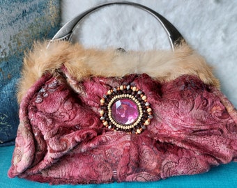 Vintage Collectible Luyisi Fabric Hand Bag Purse with Pink Gem Detail Fur Collar