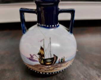 Antique Dutch Delft Cobalt Blue Ceramic Two Handle Bud Vase with Boat Shore Windmill Scene