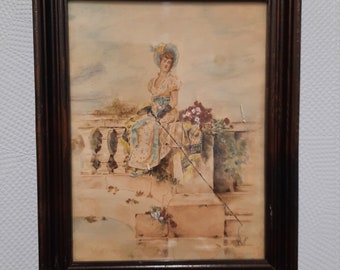 SALE Edwardian Watercolour Painting of Lovely Lady sitting with Fishing Rod at Pond Signed
