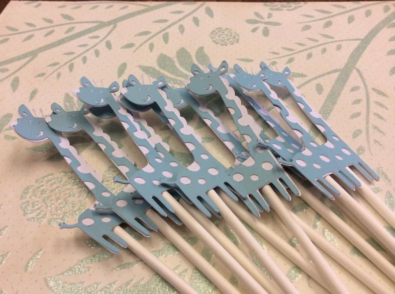 12 Blue and White Giraffe Cupcake toppers