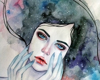 Original watercolor art Space Lady