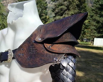 Leather and Scalemail Pauldron - Single Shoulder Dragon Armor - Made to Order - Adjustable Leather Straps - Captain's Shoulder Armor