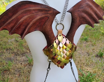 Golden Dragon Wing Harness- Leather and Scalemail - Ready to Ship - Gold, Bronze - Fire Performer, Dance, Festival, LARP, Cosplay, Fetish