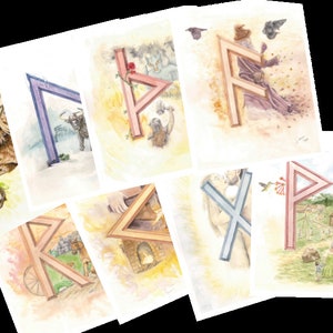 K&ouml;nnte beinhalten: Neun Aquarell-Illustrationen von nordischen Runen, jede mit einem anderen Symbol und einer Szene, die ihre Bedeutung darstellt. Die Runen sind in verschiedenen Farben gemalt, darunter Rot, Blau, Gr&uuml;n und Braun. Die Szenen sind detailliert und stimmungsvoll, mit Figuren, Tieren und Landschaften.