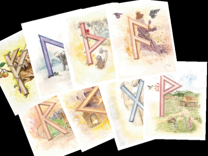 K&ouml;nnte beinhalten: Neun Aquarell-Illustrationen von nordischen Runen, jede mit einem anderen Symbol und einer Szene, die ihre Bedeutung darstellt. Die Runen sind in verschiedenen Farben gemalt, darunter Rot, Blau, Gr&uuml;n und Braun. Die Szenen sind detailliert und stimmungsvoll, mit Figuren, Tieren und Landschaften.