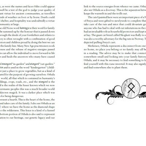 K&ouml;nnte beinhalten: Schwarz-wei&szlig;-Illustration eines Runensymbols, Othala, umgeben von verzierten floralen Designs. Der Text beschreibt die Bedeutung der Rune, die mit Erbe, Familie und Zuhause zusammenh&auml;ngt.