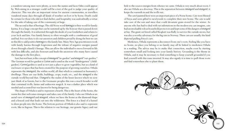 K&ouml;nnte beinhalten: Schwarz-wei&szlig;-Illustration eines Runensymbols, Othala, umgeben von verzierten floralen Designs. Der Text beschreibt die Bedeutung der Rune, die mit Erbe, Familie und Zuhause zusammenh&auml;ngt.