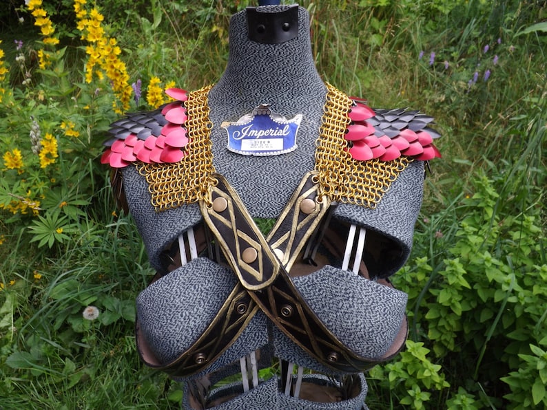 May include: A medieval-style chest armor on a mannequin. The armor features red and black shoulder scales, gold chainmail, and black leather straps with gold accents. A blue and white tag reads "Imperial".