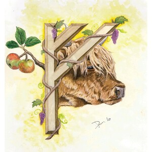 K&ouml;nnte beinhalten: Ein Aquarellbild eines braunen Hochlandrindes mit wei&szlig;em Gesicht und langem, struppigem Fell. Die Kuh befindet sich hinter einem h&ouml;lzernen Runensymbol, um das sich Ranken und Trauben winden. Der Hintergrund ist in einem sanften Gelb gehalten.