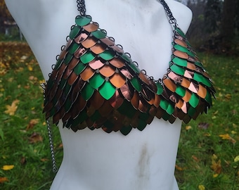 Forest Scalemail Bra - Ready to Ship - Racer Back - Green, Brown, Copper - Fire Performance, Dance, Festival Bra, LARP, Cosplay