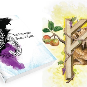 K&ouml;nnte beinhalten: Das illustrierte Buch der Runen, ein Buch mit einer Schwarzwei&szlig;illustration eines Runenkreises auf dem Cover. Das Buch liegt neben einer Aquarellillustration eines Runensymbols mit einem braunen Kuhkopf und Ranken.