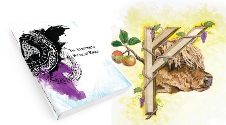 K&ouml;nnte beinhalten: Das illustrierte Buch der Runen, ein Buch mit einer Schwarzwei&szlig;illustration eines Runenkreises auf dem Cover. Das Buch liegt neben einer Aquarellillustration eines Runensymbols mit einem braunen Kuhkopf und Ranken.