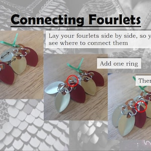 May include: A step-by-step guide on how to connect fourlets, showing three fourlets side-by-side with jump rings, and the text "Connecting Fourlets", "Lay your fourlets side by side, so you can see where to connect them", "Add one ring", and "Then the other".