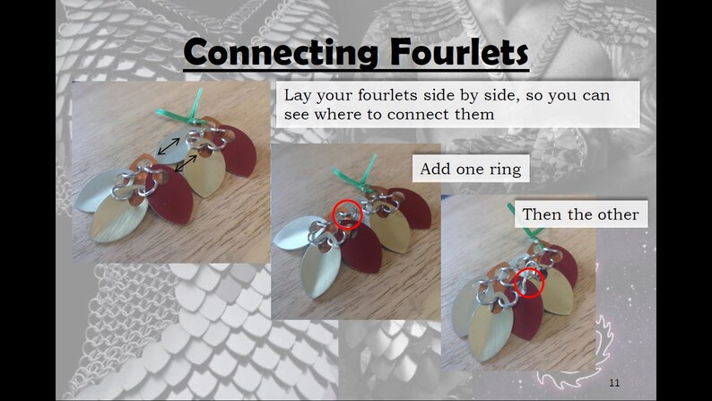 May include: A step-by-step guide on how to connect fourlets, showing three fourlets side-by-side with jump rings, and the text "Connecting Fourlets", "Lay your fourlets side by side, so you can see where to connect them", "Add one ring", and "Then the other".