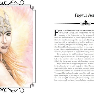 K&ouml;nnte beinhalten: Eine Aquarellillustration von Freya, einer nordischen G&ouml;ttin, dargestellt mit einem goldenen Helm und Fl&uuml;geln. Sie hat langes, flie&szlig;endes rotes Haar und tr&auml;gt einen wei&szlig;en und goldenen Brustpanzer. Der Hintergrund ist zartrosa.