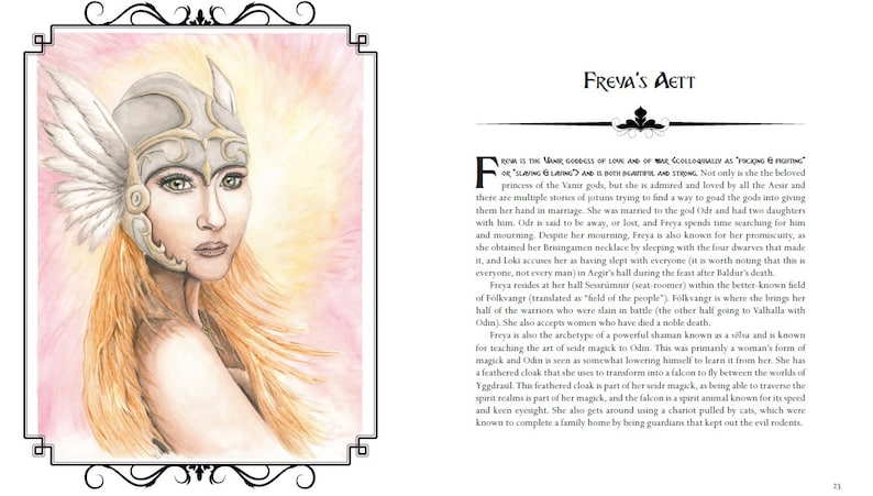 K&ouml;nnte beinhalten: Eine Aquarellillustration von Freya, einer nordischen G&ouml;ttin, dargestellt mit einem goldenen Helm und Fl&uuml;geln. Sie hat langes, flie&szlig;endes rotes Haar und tr&auml;gt einen wei&szlig;en und goldenen Brustpanzer. Der Hintergrund ist zartrosa.