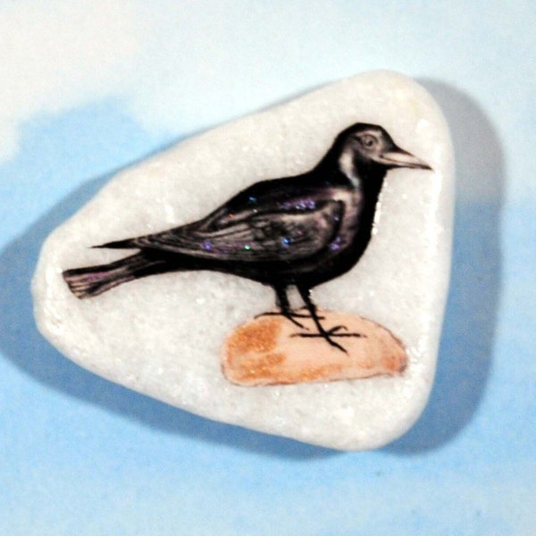 Crow Stone, Bird Totem Original Art, Small Raven Gift for Bird Lover, Bird Art for Altar