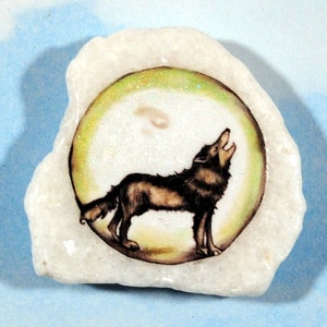 Wolf Stone, Howling WolF Moon Magic Pocket Stone, Metaphysical Gift for Animal Lover, Original Art on Stone