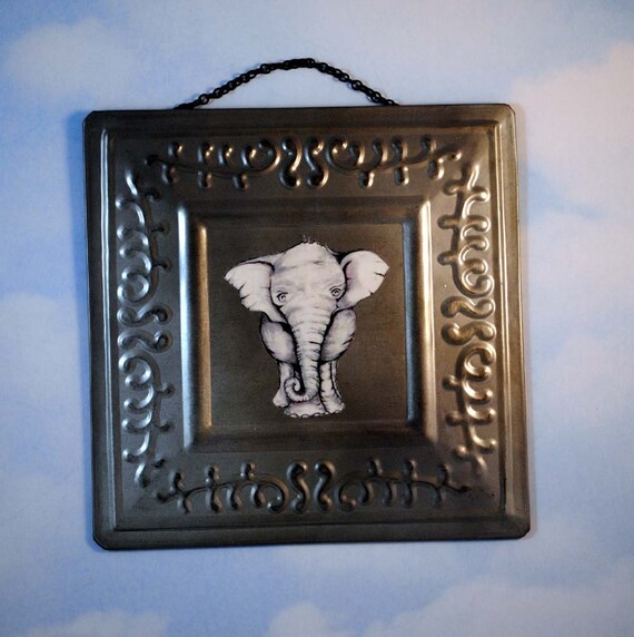 Elephant Metal Wall Art Antiqued Tin Baby For Animal Lover Original Rustic Chic Decor