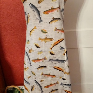 MEN'S FISHING APRON --  Various fish on cotton newspaper print --Large lined pocket