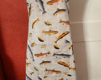 MEN'S FISHING APRON --  Various fish on cotton newspaper print --Large lined pocket