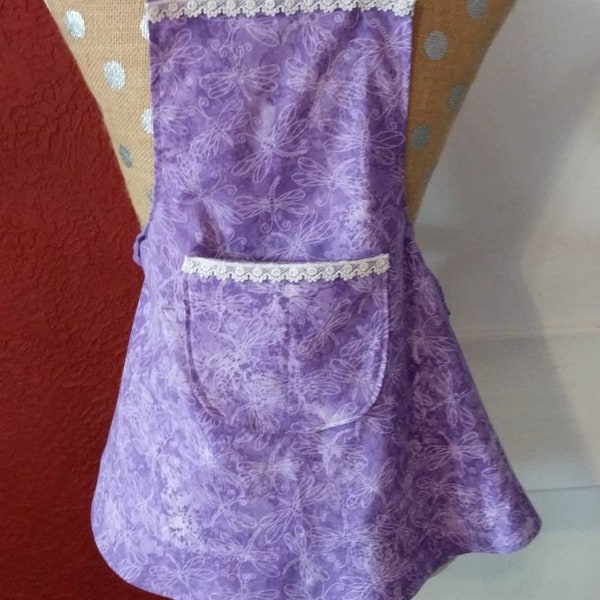 GIRLS LAVENDER APRON -- with white dragonflies,  a little lace on pocket and bib -- ages 3-7