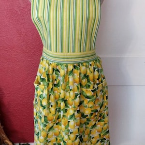LADIES LEMONS on the VINE Apron -- Striped lined bib and waistband and ties  - 2 lined pockets