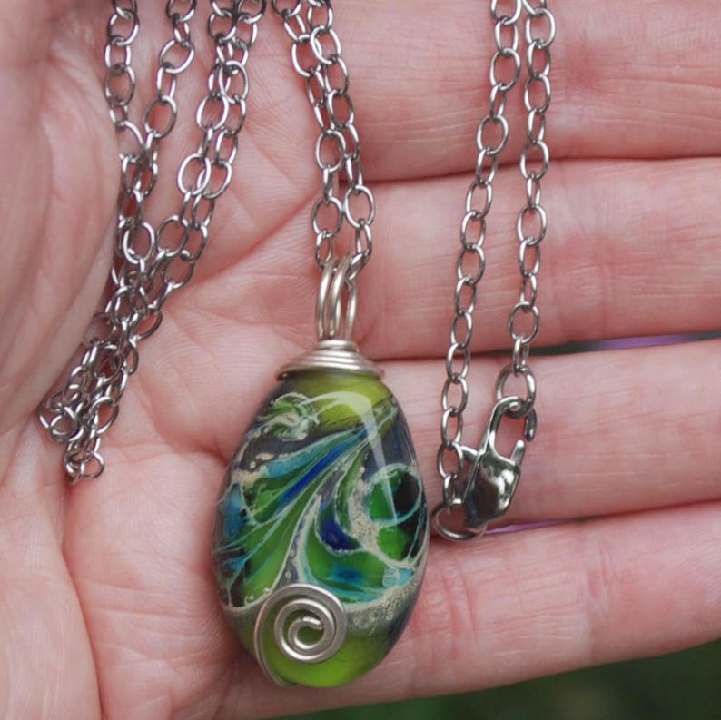 Glass Pendant Blue Sterling Silver USA Jewelry Wire Wrapped Handmade Green Tammie Mabe Artisan Jewelry Lampwork Gift Necklace