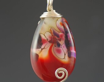 Glass Pendant, Red Hot, Artisan Glass Bead, Necklace, Tammie Mabe, Wire Wrapped, SterlingSilver, Handmade, Artisan Jewelry, USA, Lampwork