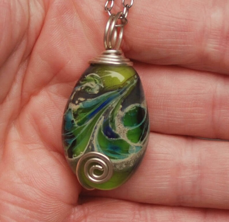 Glass Pendant Blue Sterling Silver USA Jewelry Wire Wrapped Handmade Green Tammie Mabe Artisan Jewelry Lampwork Gift Necklace
